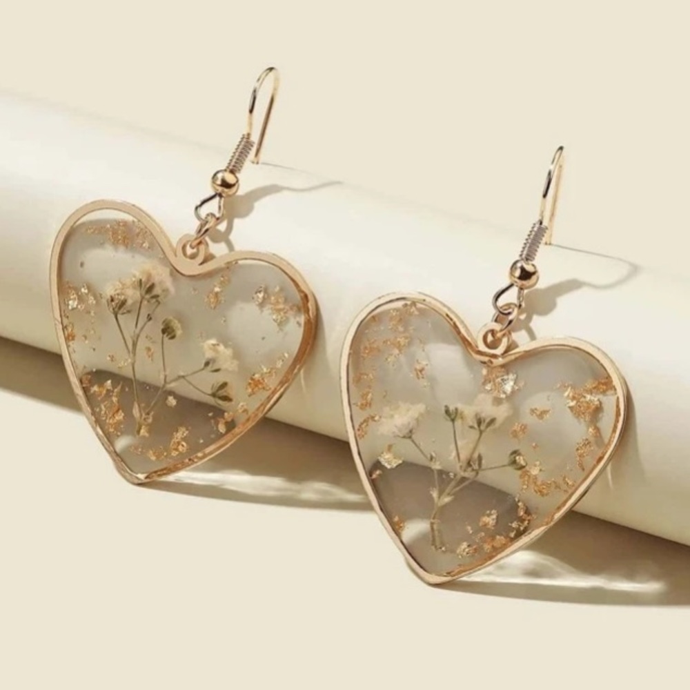 🌻 Last One!! Golden Flower & Heart Drop Earrings - Picture 2 of 3